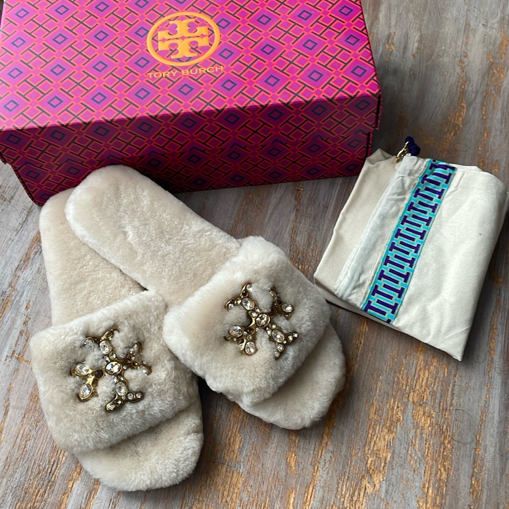 Tory Burch Shearling Jeweled Slides